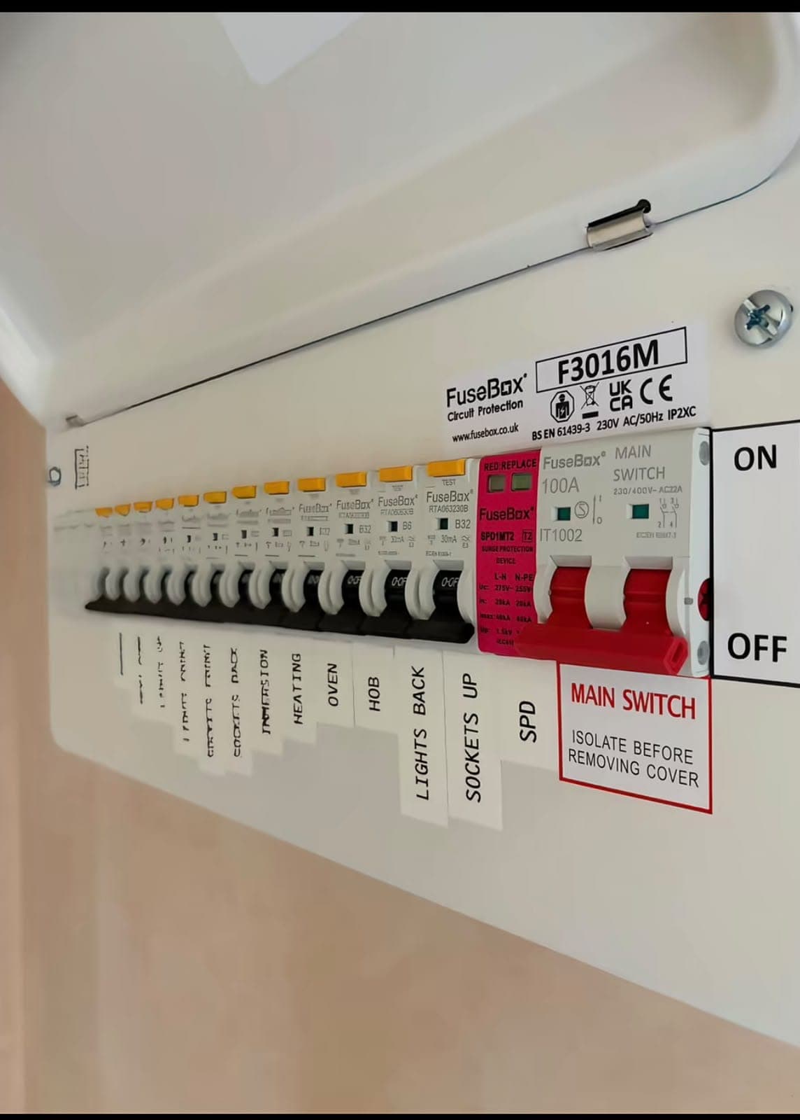 Labelled consumer unit with main switch and circuit breakers
