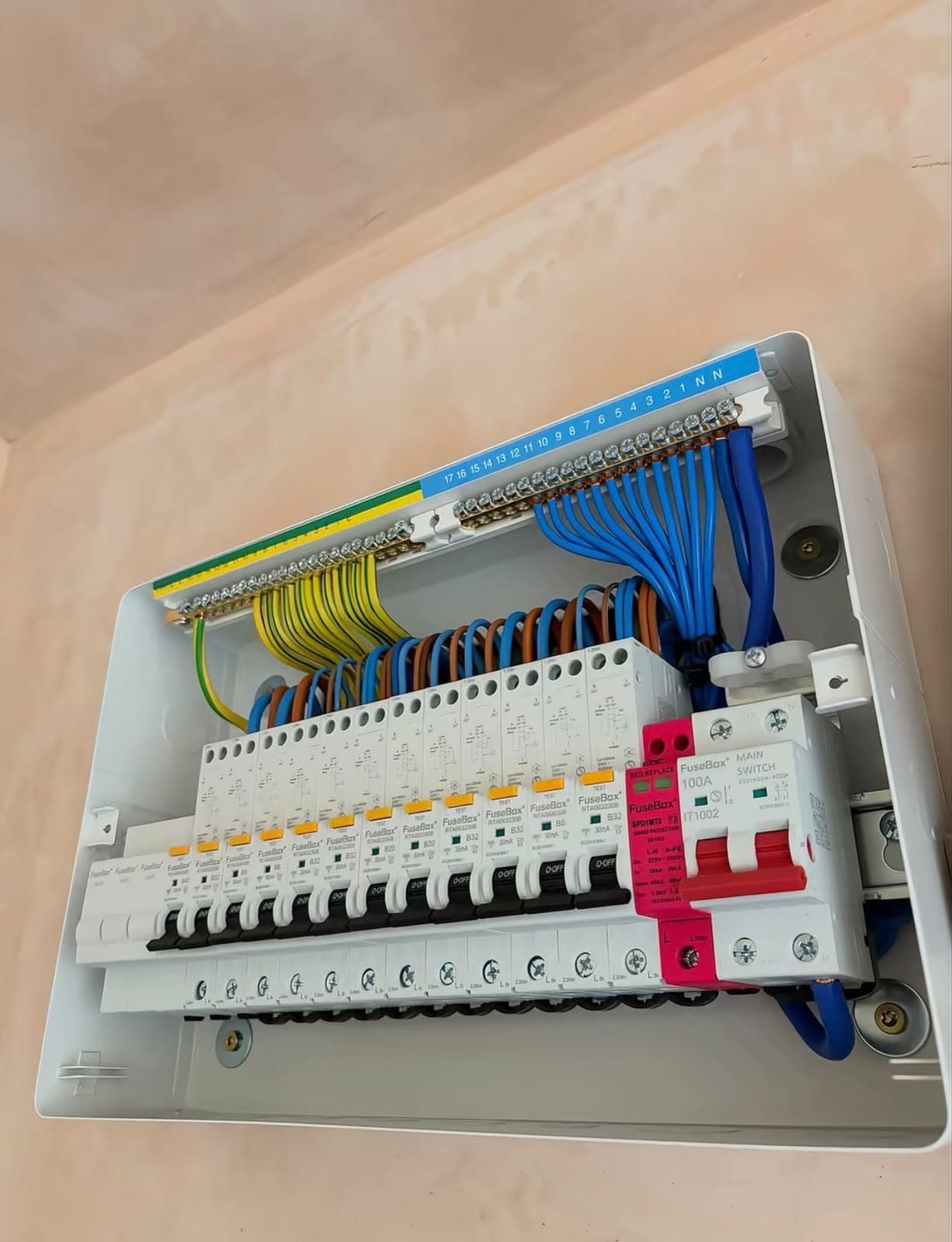 Angled view of a wired consumer unit with RCD and MCB breakers on a plastered wall