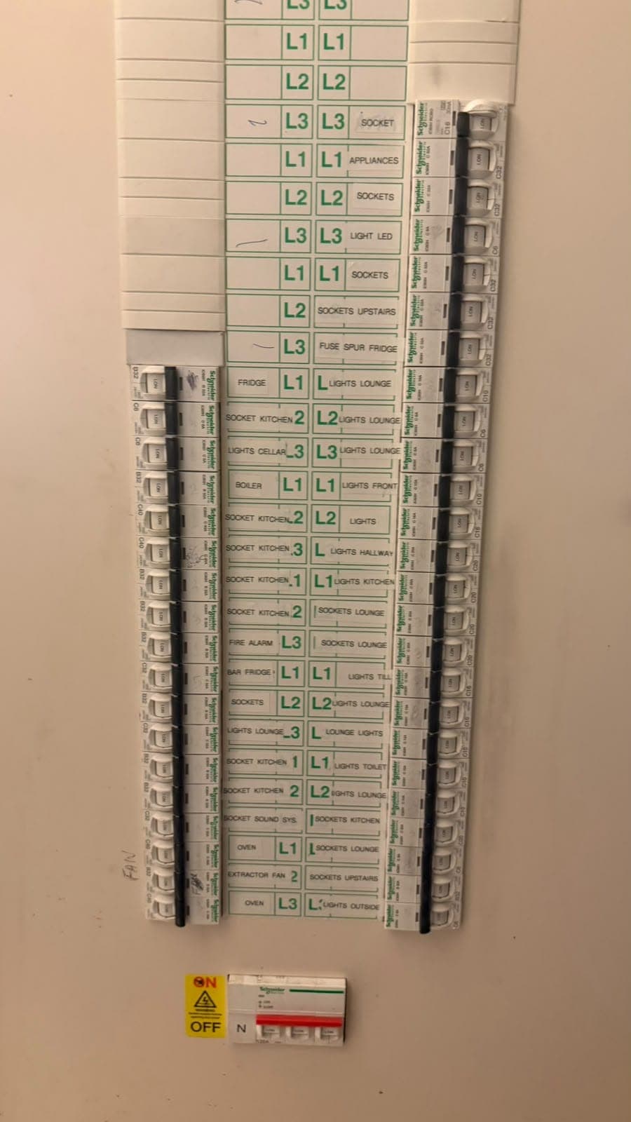 DIN rail and circuit labels prepared for a new fuse board installation